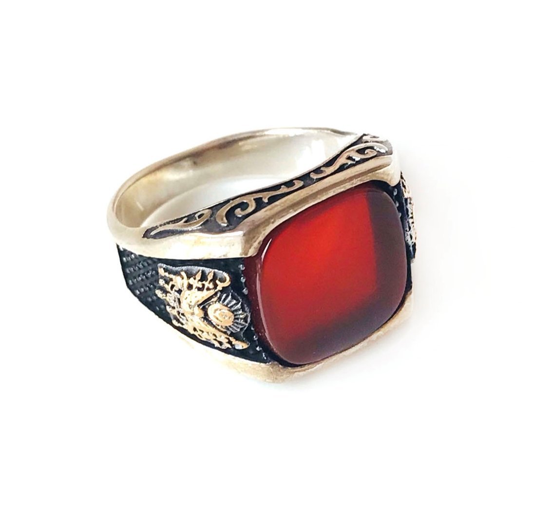 Osmanlı Armalı  Kırmızı Akik Taşlı 925 Ayar Gümüş Erkek Yüzük