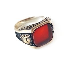 Osmanlı Armalı  Kırmızı Akik Taşlı 925 Ayar Gümüş Erkek Yüzük