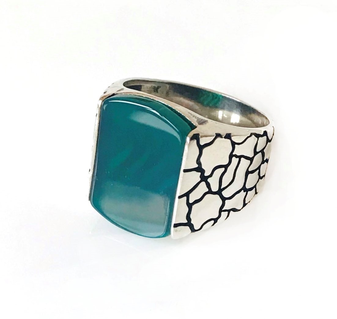 Dörtgen Yeşil Oniks Taşlı 925 Ayar Gümüş Erkek Yüzük