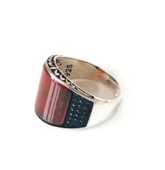 Zirkon Taş İşlemeli Bombeli Akik Taşlı 925 Ayar Gümüş Erkek Yüzük