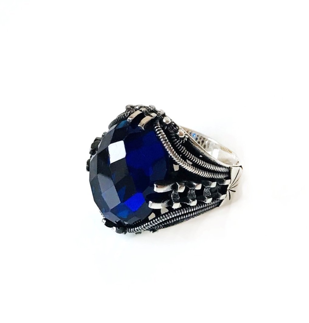 Tırnak Tasarım Lacivert Oniks Taşlı 925 Ayar Gümüş Erkek Yüzük