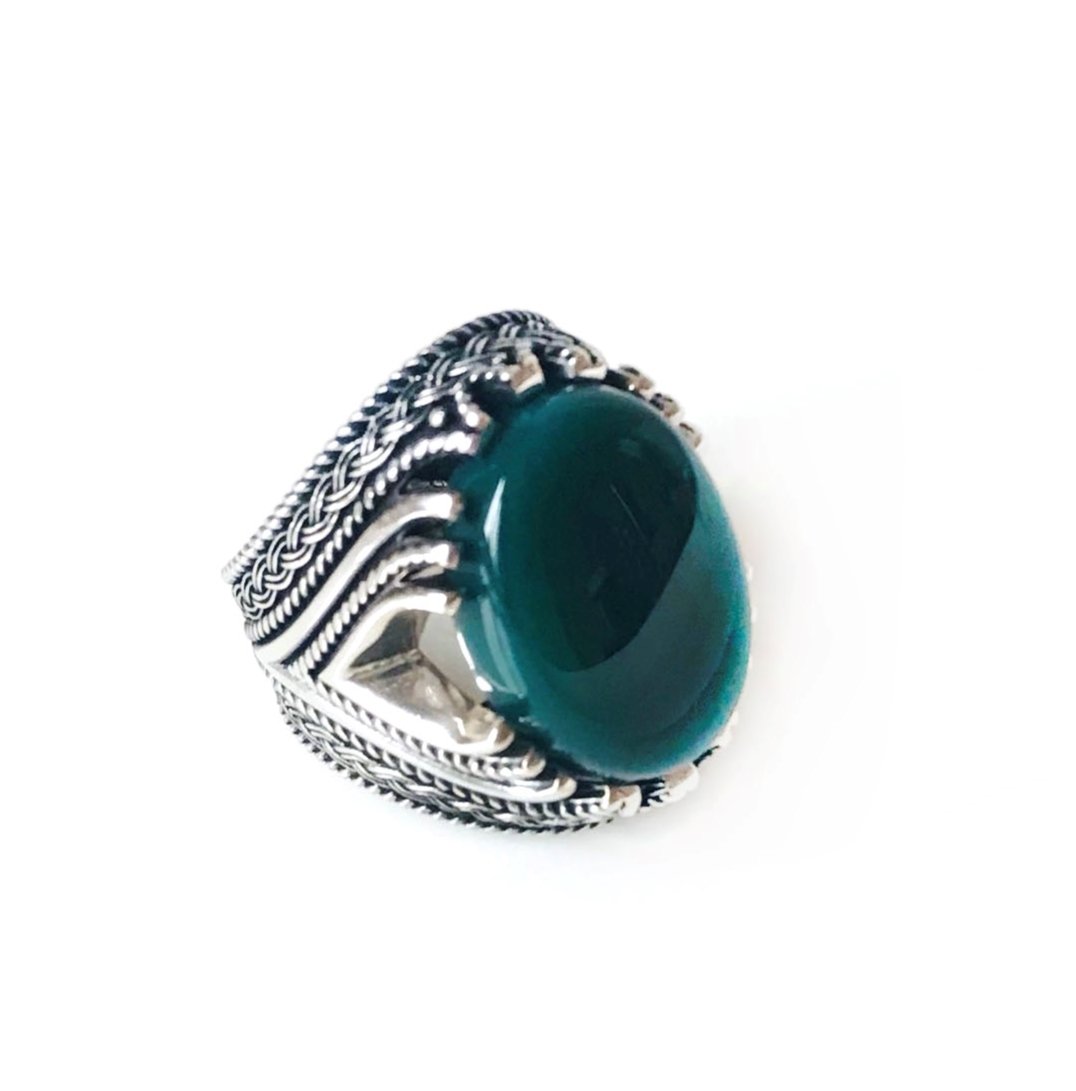 Yeşil Akik Taşlı Örgü Tasarım 925 Ayar Gümüş Kızılderili Yüzüğü