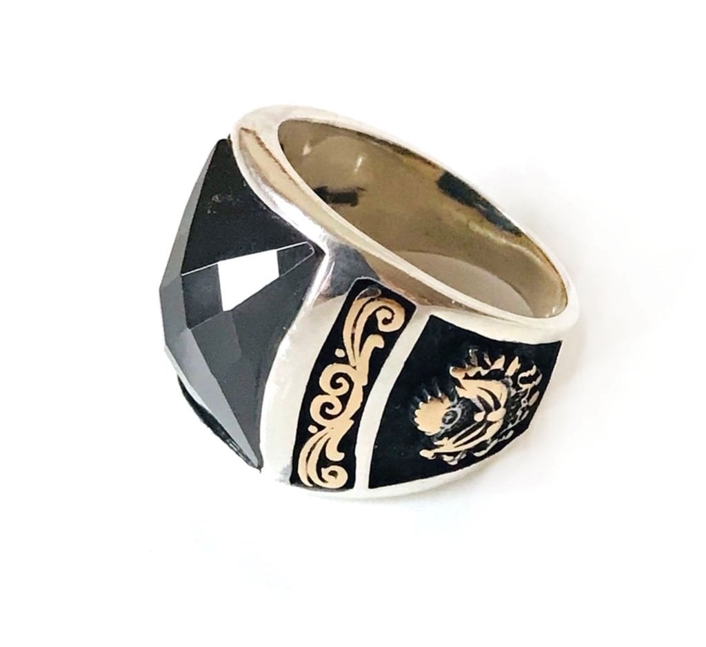 Tuğra İşlemeli Siyah Zirkon Taşlı 925 Ayar Gümüş Milli İrade Yüzüğü