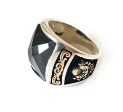 Tuğra İşlemeli Siyah Zirkon Taşlı 925 Ayar Gümüş Milli İrade Yüzüğü