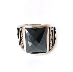 Tuğra İşlemeli Siyah Zirkon Taşlı 925 Ayar Gümüş Milli İrade Yüzüğü