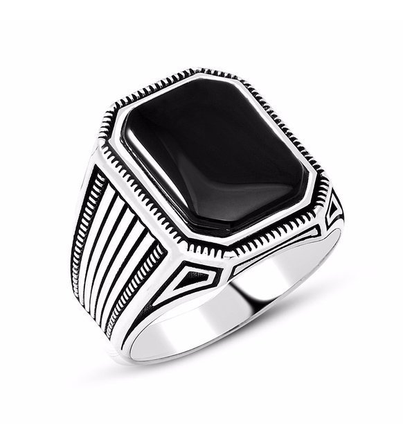 Halat Desenli Siyah Oniks Taşlı 925 Ayar Gümüş Erkek Yüzük