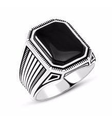Halat Desenli Siyah Oniks Taşlı 925 Ayar Gümüş Erkek Yüzük