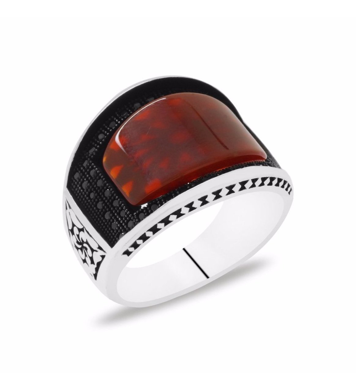 925 Ayar Gümüş Bombeli Akik Taşlı Yüzük