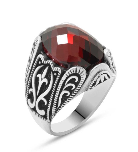 Kırmızı Zirkon Taşlı Ferforje Tasarım 925 Ayar Gümüş Erkek Yüzük