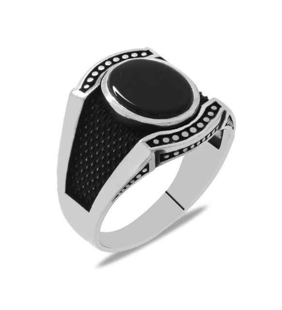 Yuvarlak Oniks Taşlı 925 Ayar Gümüş Erkek Yüzük