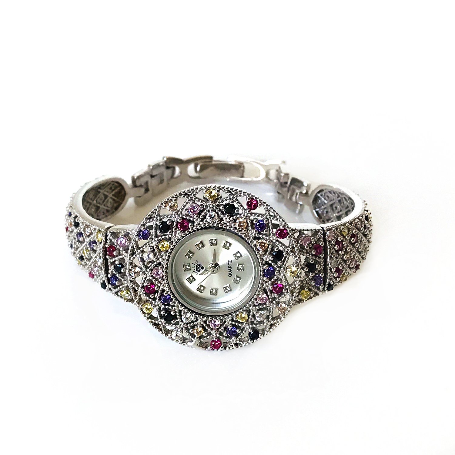 Renkli Taş İşlemeli Gümüş Saat