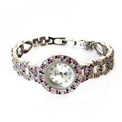 Renkli Taşlı Gümüş Saat