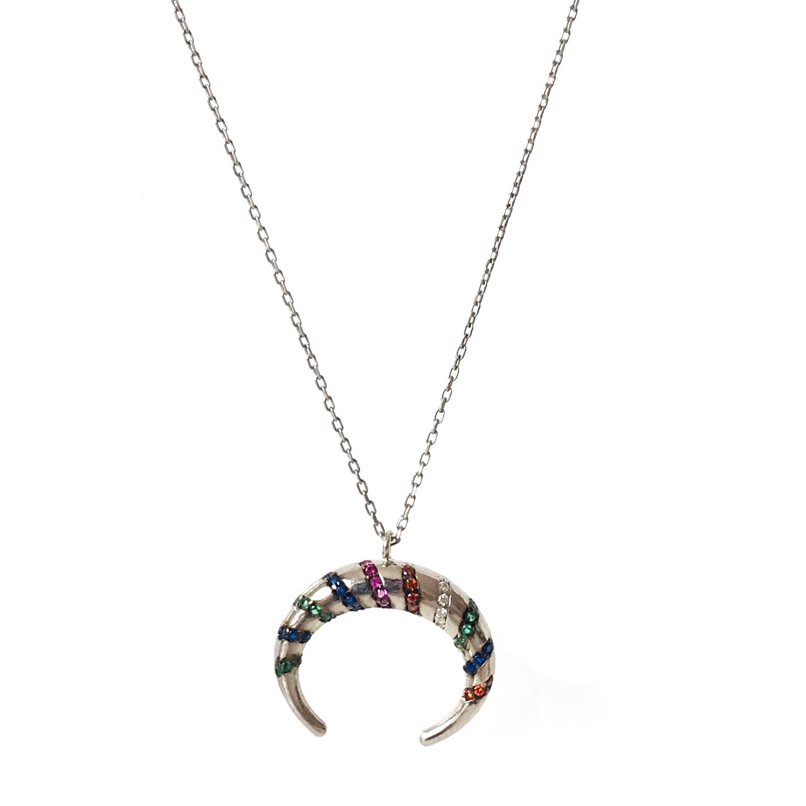 Renkli Taşlı Hilal Gümüş Kolye