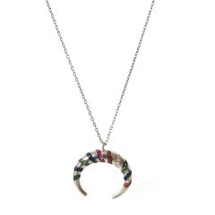 Renkli Taşlı Hilal Gümüş Kolye