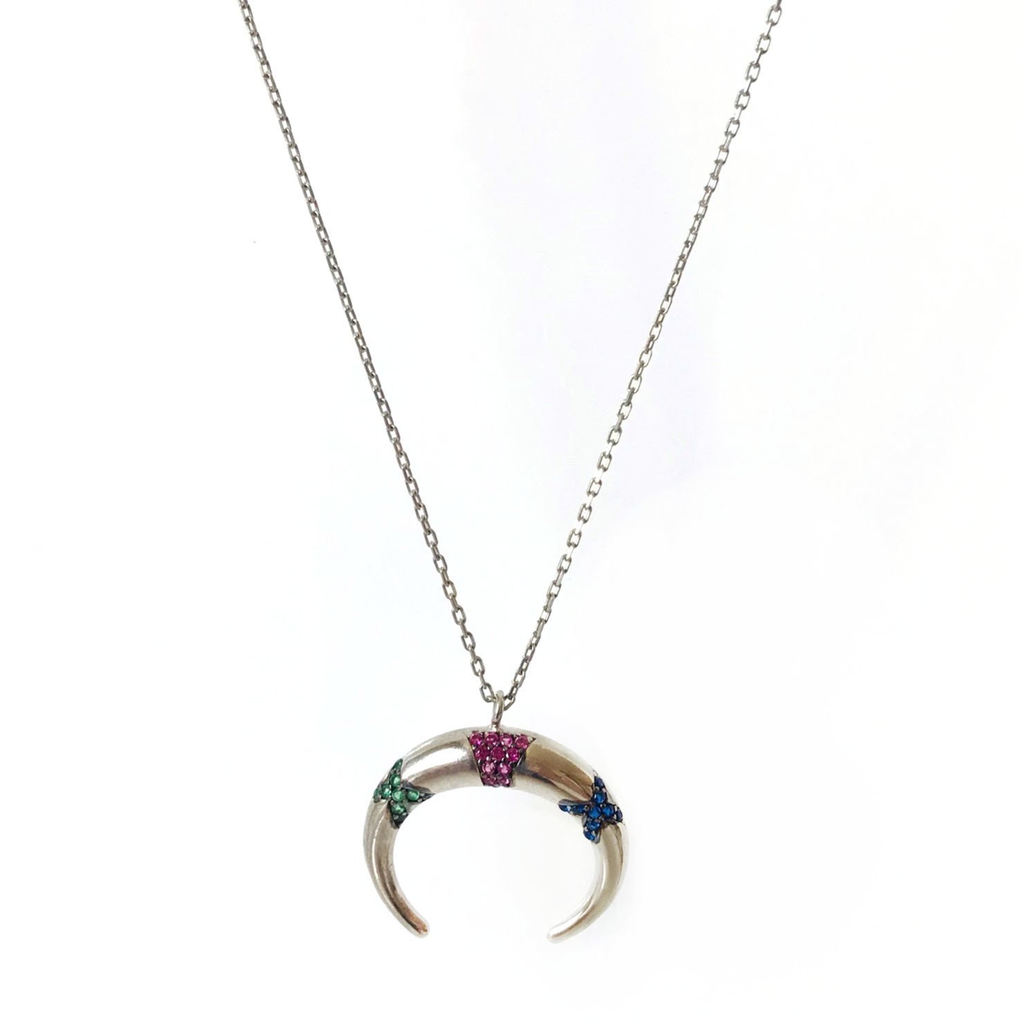 Renkli Taşlı Gümüş Hilal Kolye