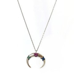 Renkli Taşlı Gümüş Hilal Kolye