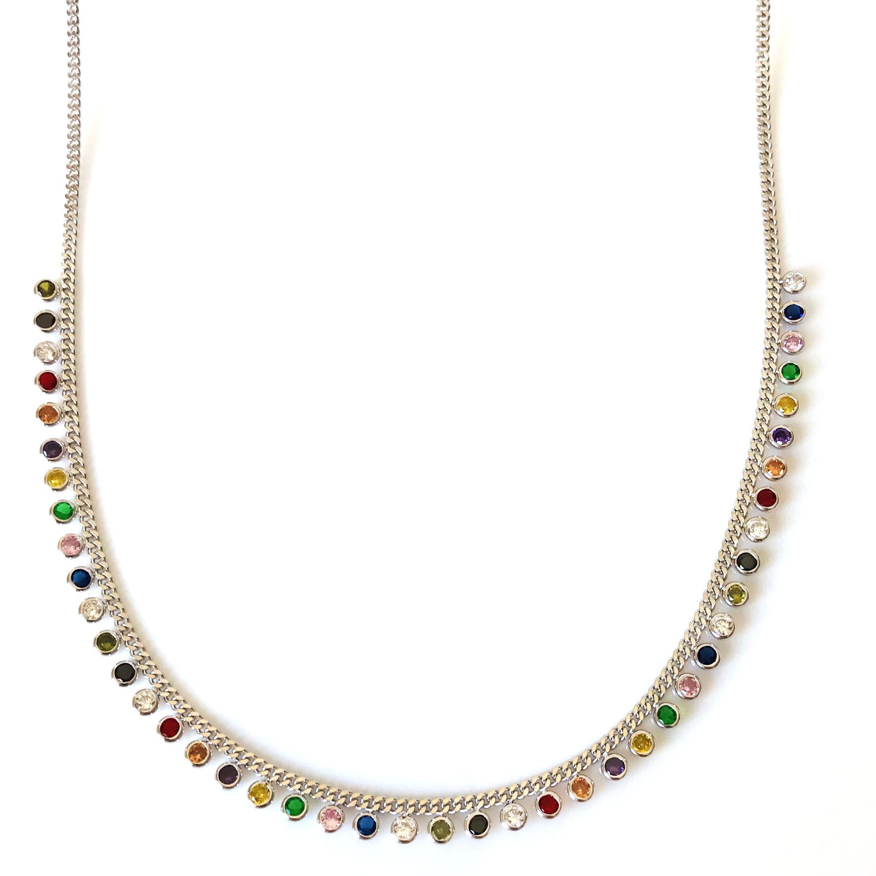 Renkli Taşlı Pullu Gümüş Zincir Kolye