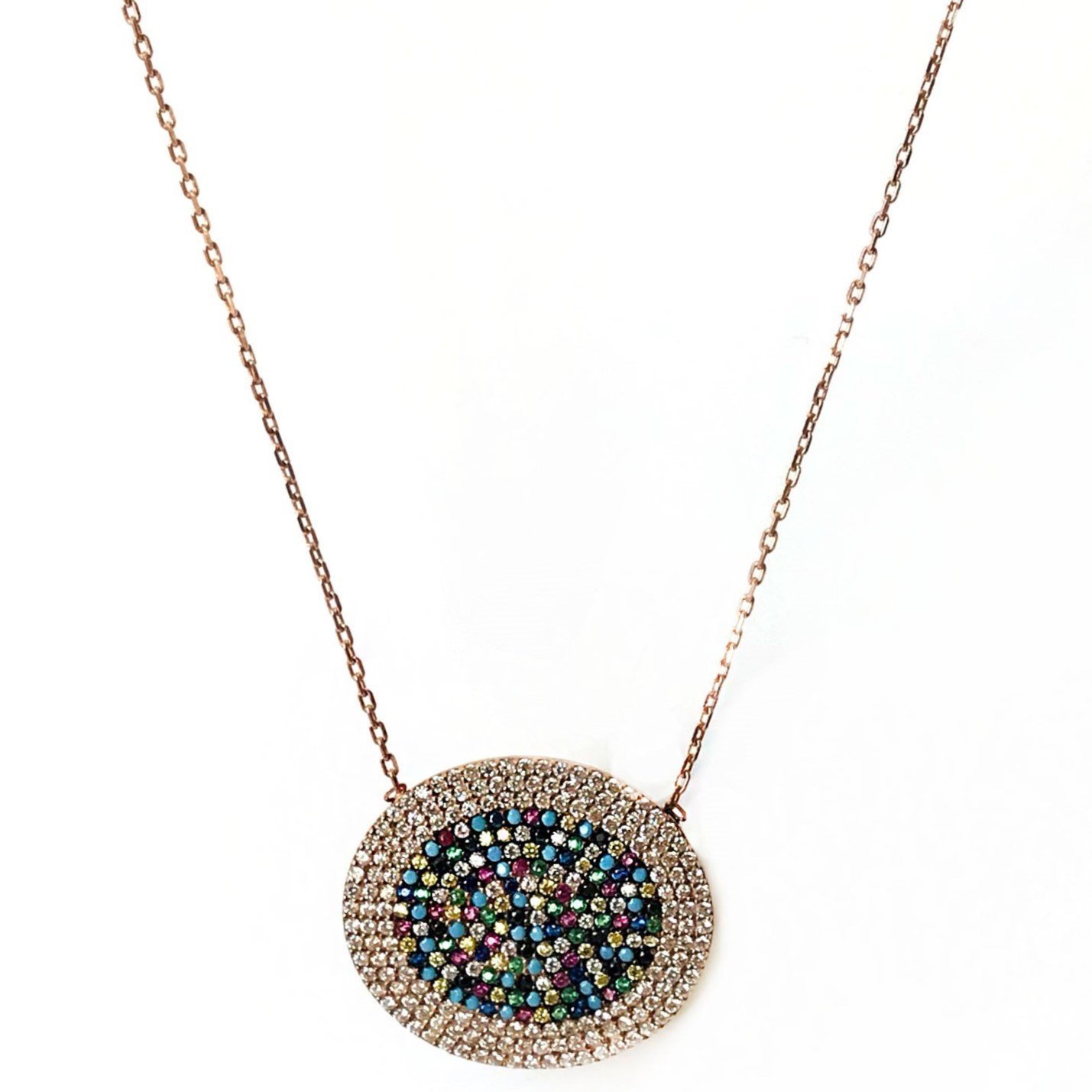 Renkli Gömme Taşlı Gümüş Madalyon Kolye
