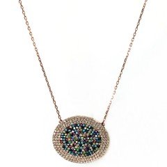 Renkli Gömme Taşlı Gümüş Madalyon Kolye