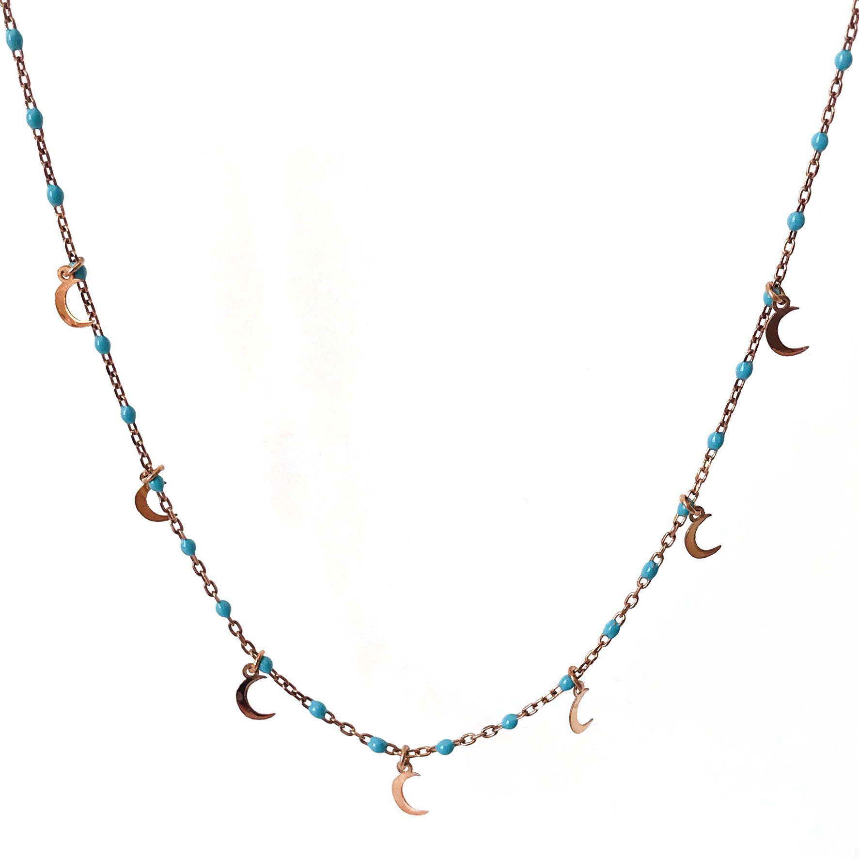 Hilal Detaylı Turkuaz Boncuklu Gümüş Kolye