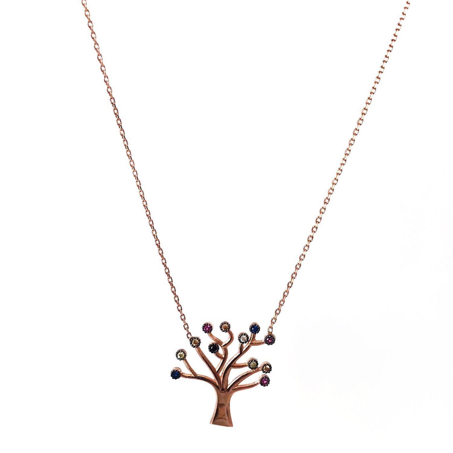 Renkli Taşlı Ağaç Detaylı Gümüş Kolye