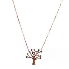 Renkli Taşlı Ağaç Detaylı Gümüş Kolye