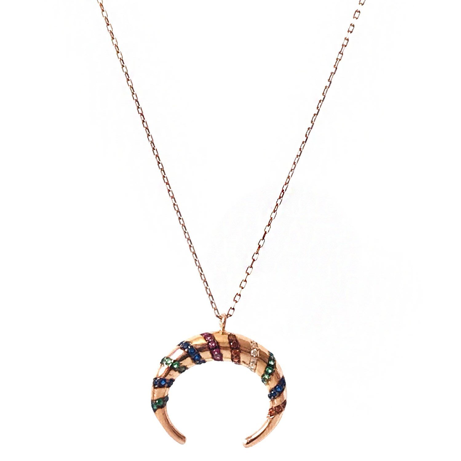 Renkli Taşlı Hilal Gümüş Kolye