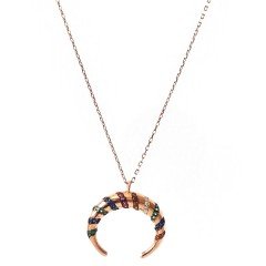 Renkli Taşlı Hilal Gümüş Kolye