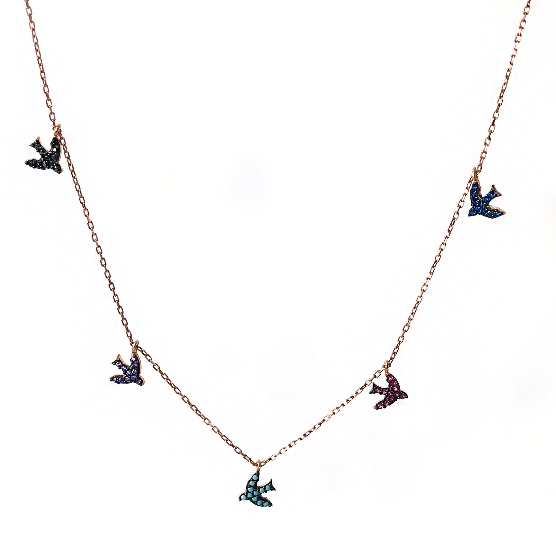 Renkli Taşlı Kuşlu Gümüş Kolye