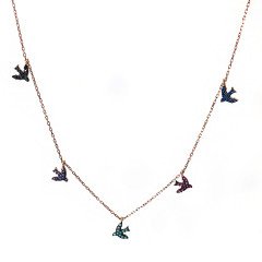 Renkli Taşlı Kuşlu Gümüş Kolye