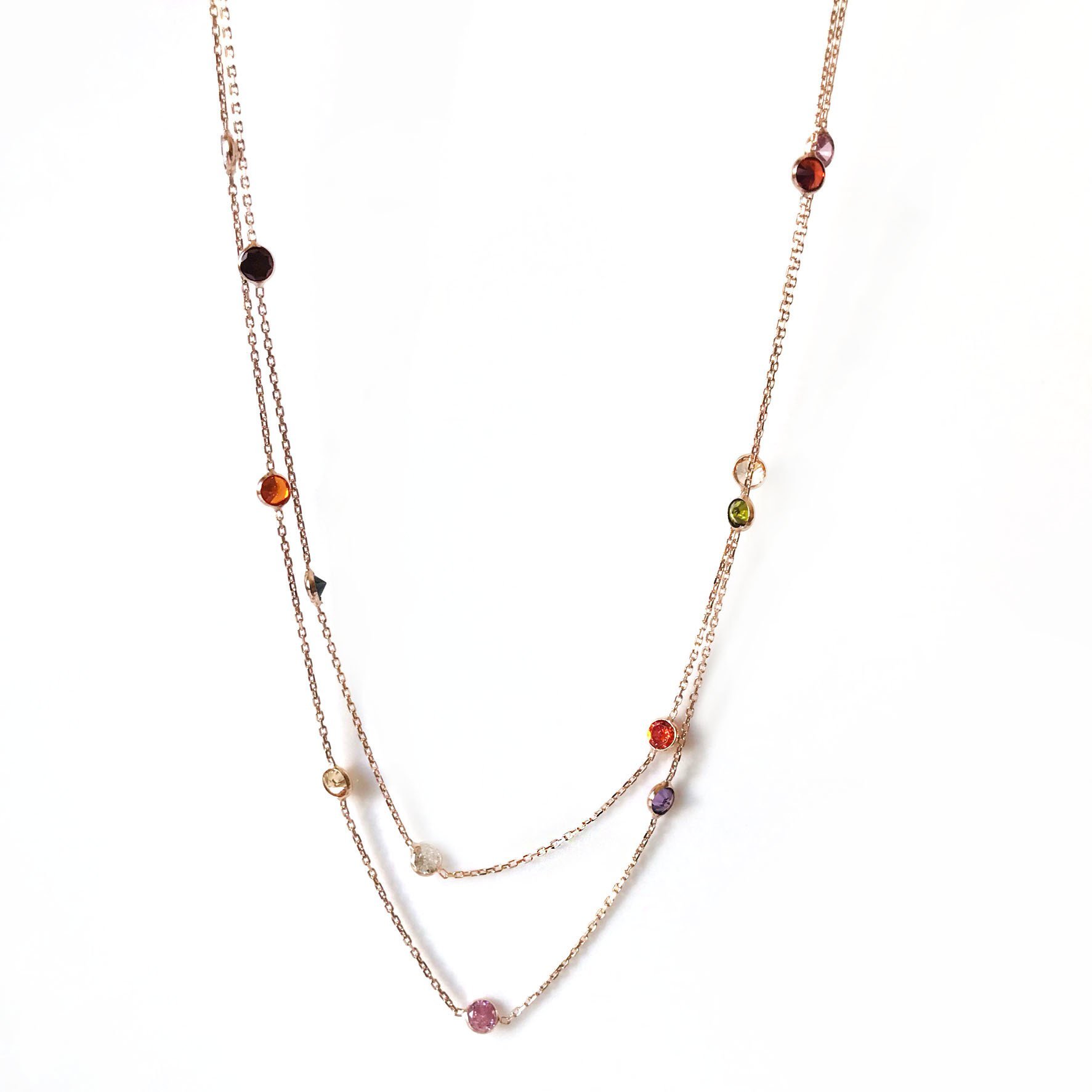 Renkli Taşlı Gümüş Uzun Kolye