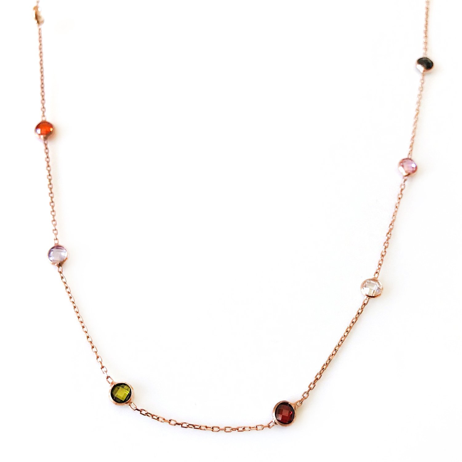 Renkli Taşlı Gümüş Zincir Kolye