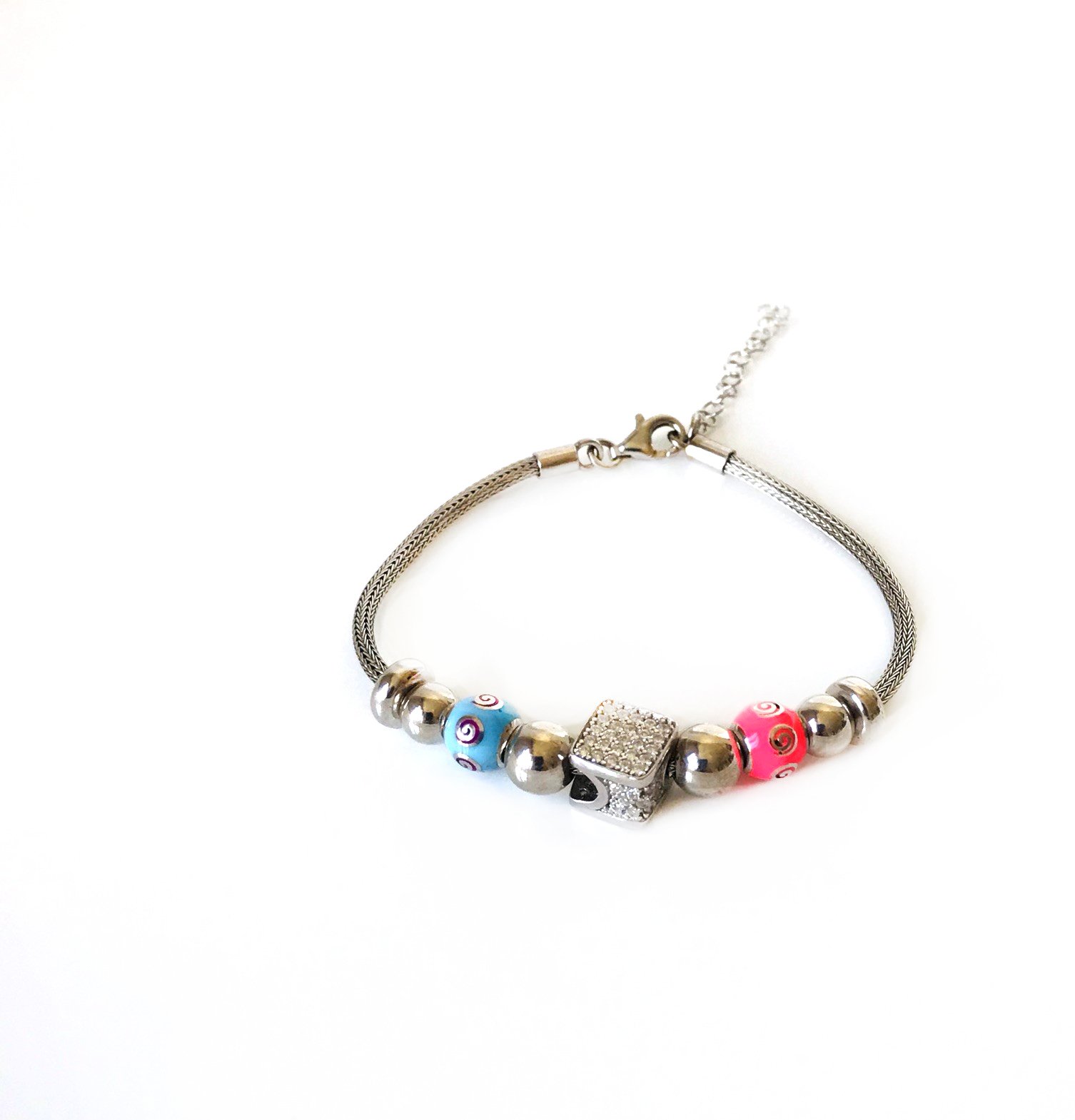 Mavi,Pembe mineli taşlı gümüş bileklik