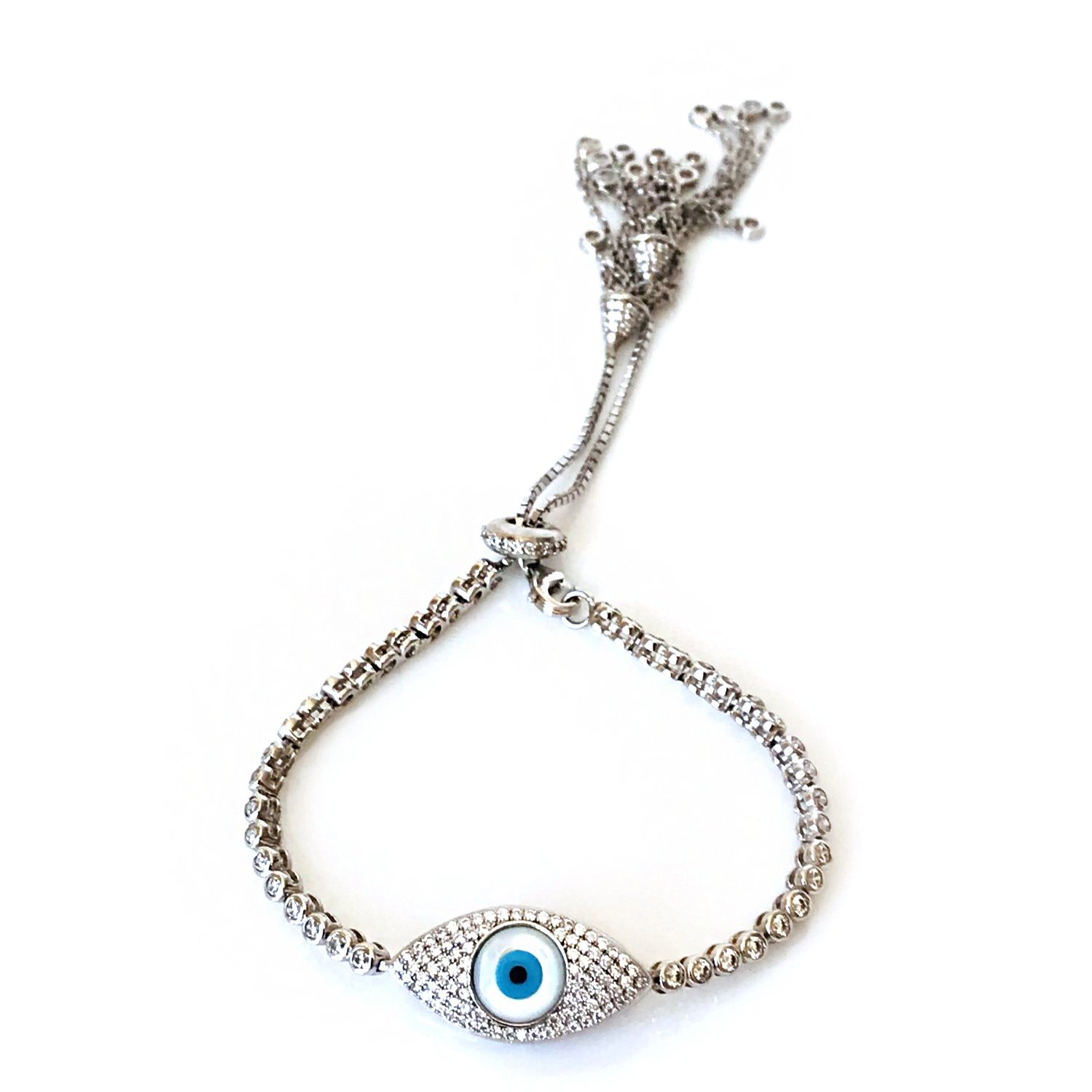 Nazar Boncuklu Göz Detaylı Asansörlü Gümüş Bileklik
