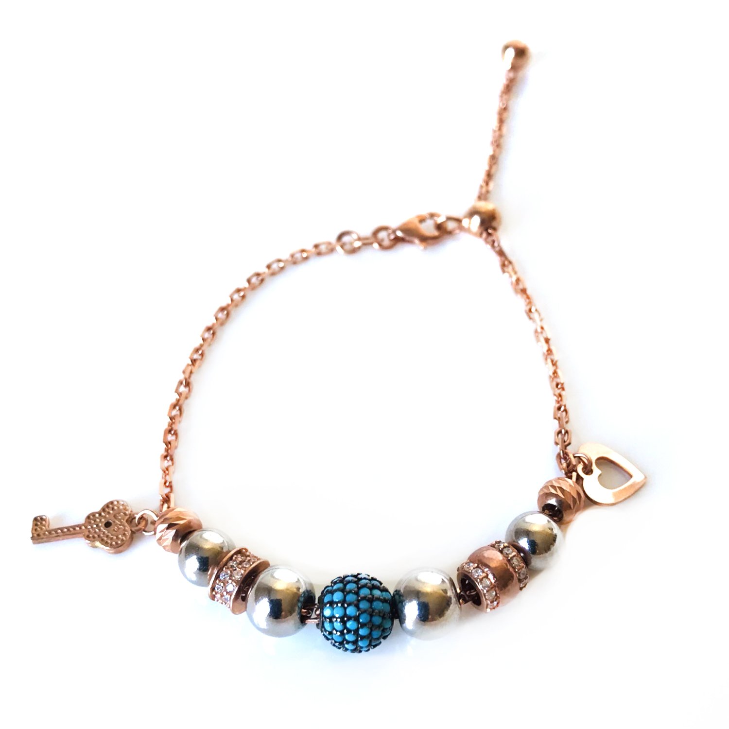 Turkuaz Taşlı, Sarı Mineli Anahtar Detaylı Gümüş Bileklik