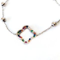 Renkli Taşlı Yonca Detaylı Gümüş Bileklik