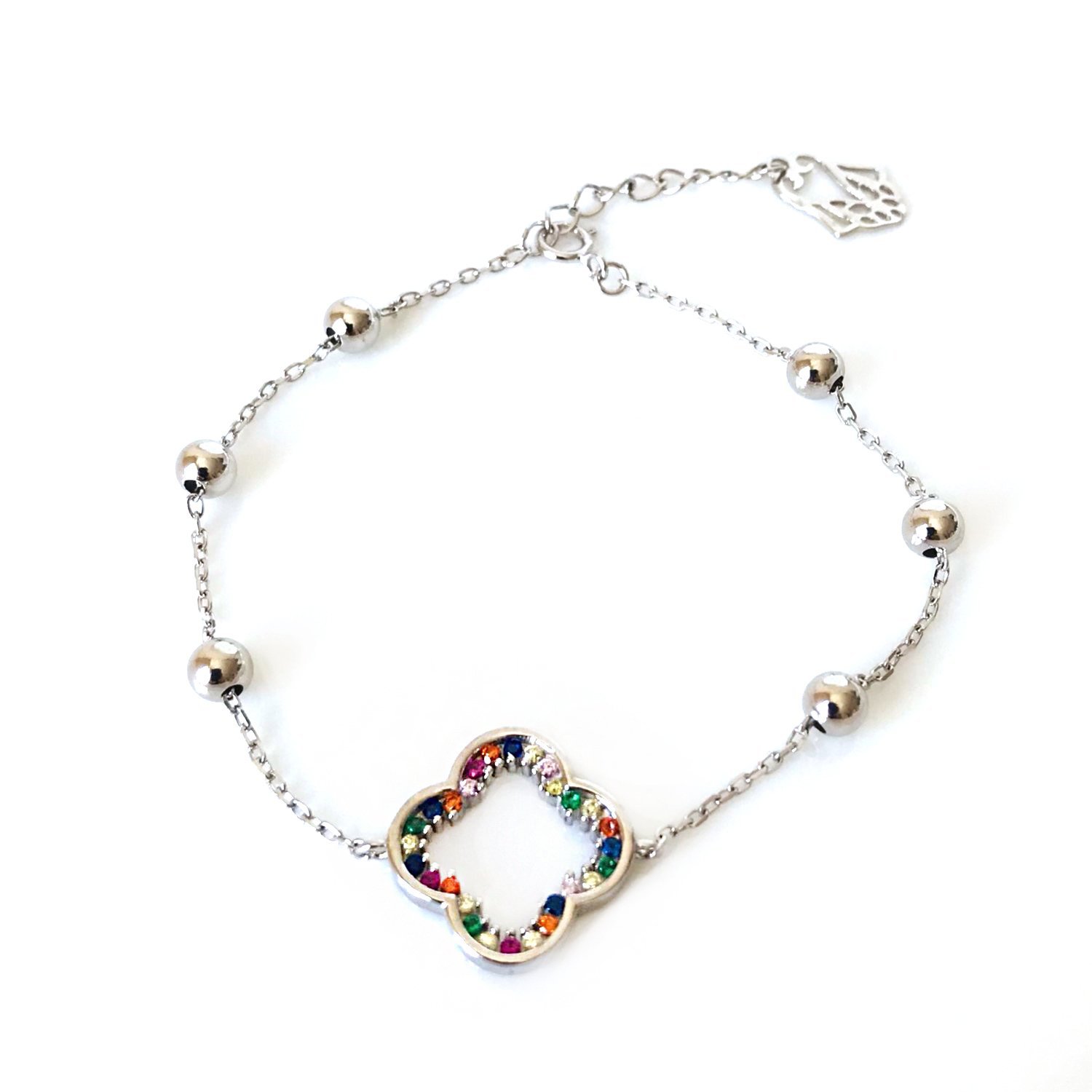 Renkli Taşlı Yonca Detaylı Gümüş Bileklik