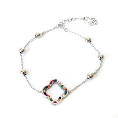 Renkli Taşlı Yonca Detaylı Gümüş Bileklik