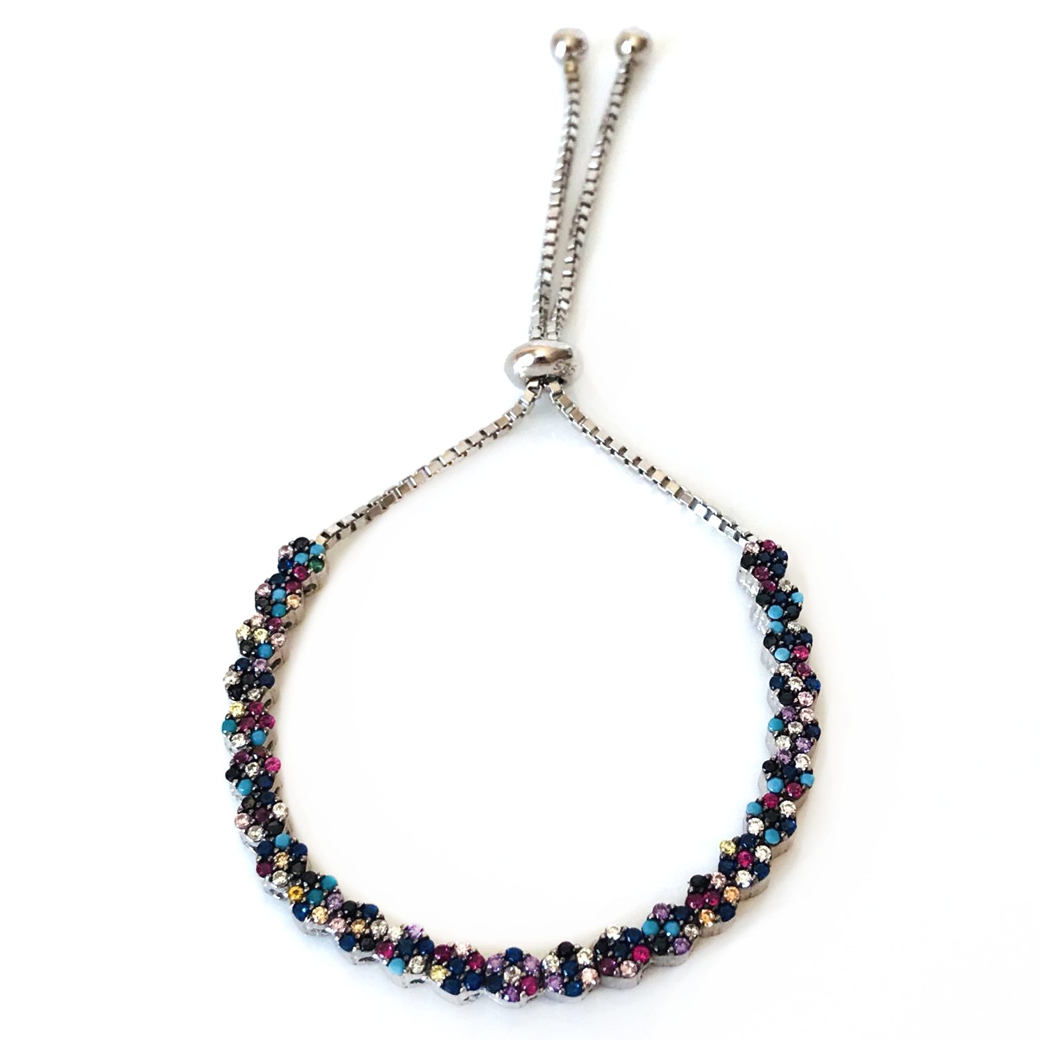 Renkli Taşlı Asansörlü Gümüş Bileklik