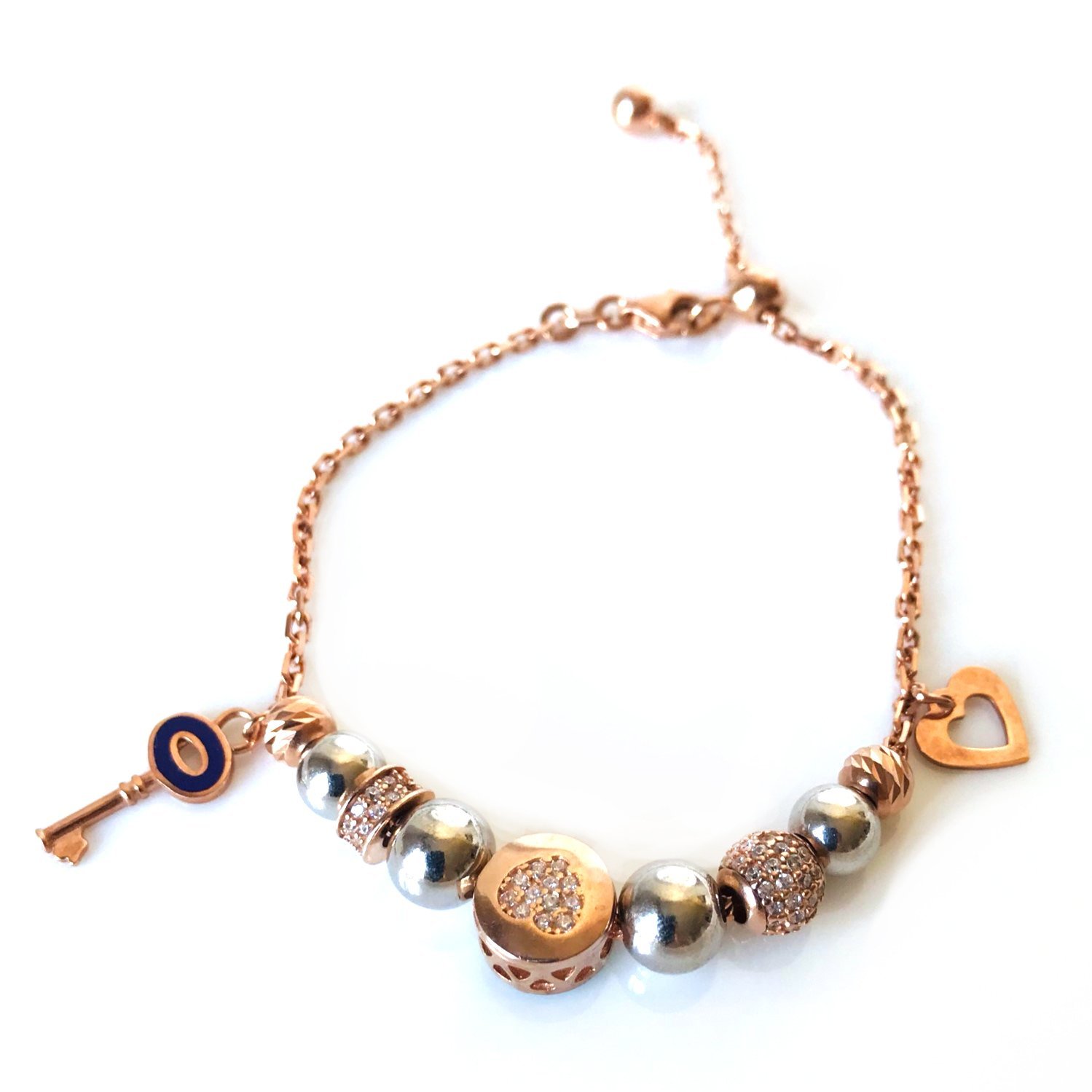 Anahtar ve Kalp Detaylı Asansörlü  Gümüş Bileklik