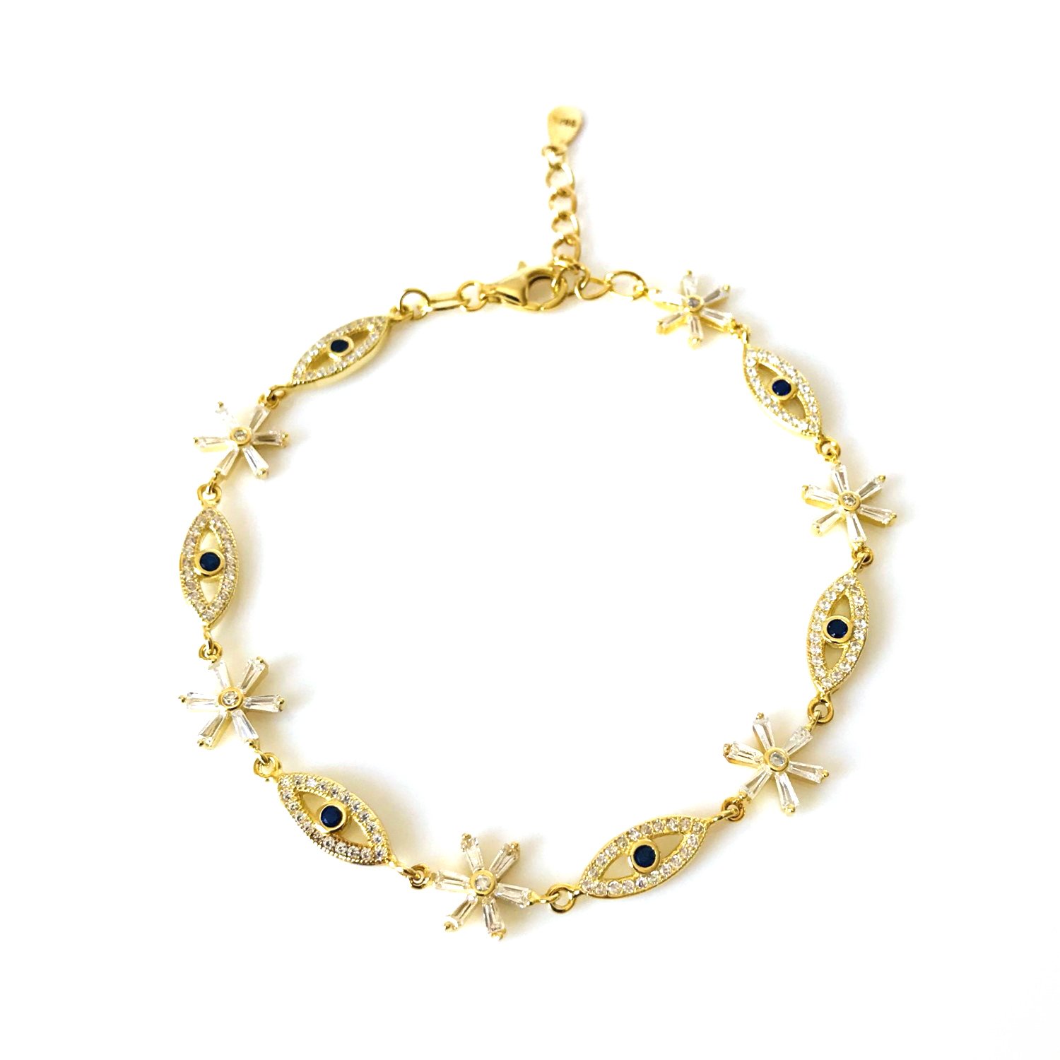 Taşlı Göz Detaylı Gold Renk Gümüş Bileklik