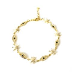 Taşlı Göz Detaylı Gold Renk Gümüş Bileklik