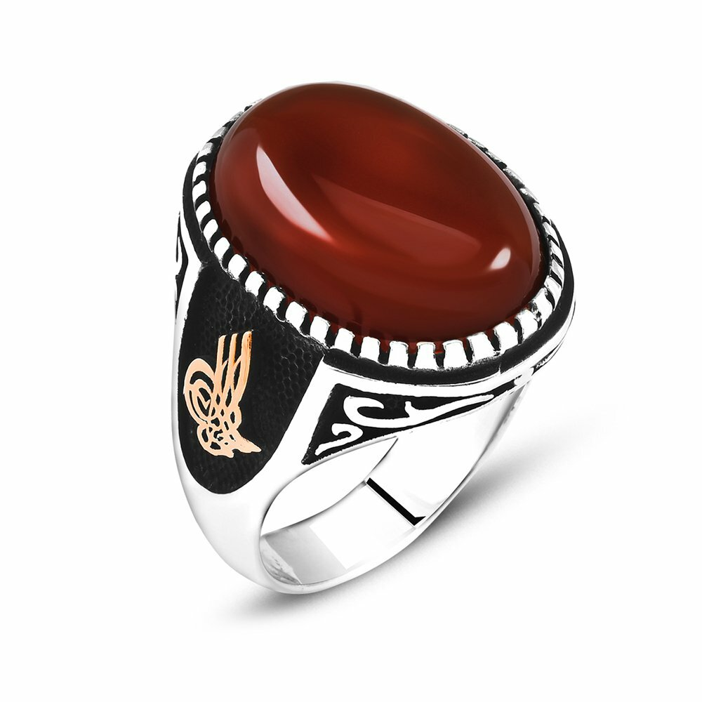 Tuğra İşlemeli Kırmızı Oval Akik Taşlı 925 Ayar Gümüş Erkek Yüzük