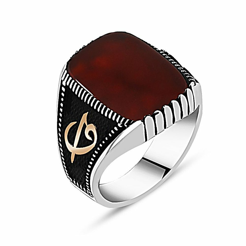 Elif Vav Yazılı Kırmızı Akik Taşlı 925 Ayar Gümüş Erkek Yüzük