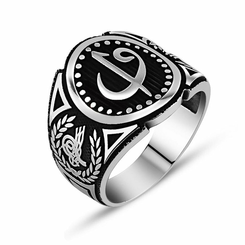 Tuğra İşlemeli Elif Vav Yazılı 925 Ayar Gümüş Erkek Yüzük