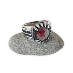 Pençe Tasarım Kırmızı Zirkon Taşlı 925 Ayar Gümüş Erkek Yüzük