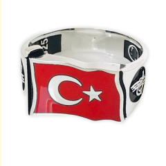Türk Bayrağı Motifli Kırmızı Mineli Tuğra Motifli 925 Ayar Gümüş Erkek Yüzük