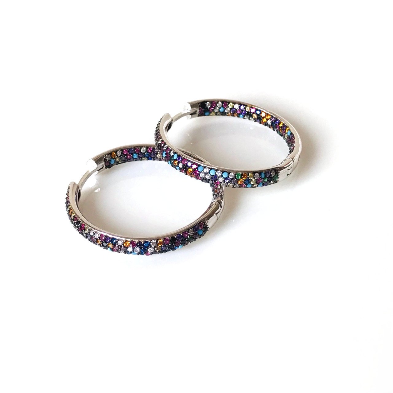Renkli Zirkon Taşlı Gümüş  Halka Küpe