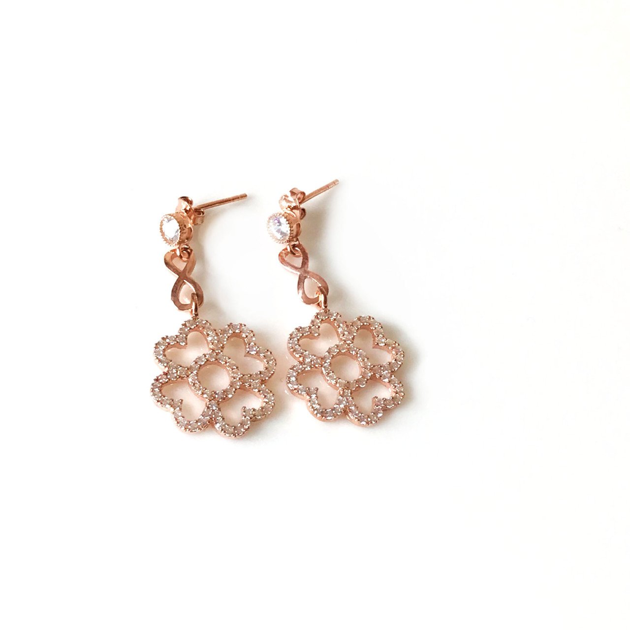 Taşlı Çiçek Rose Gümüş Küpe