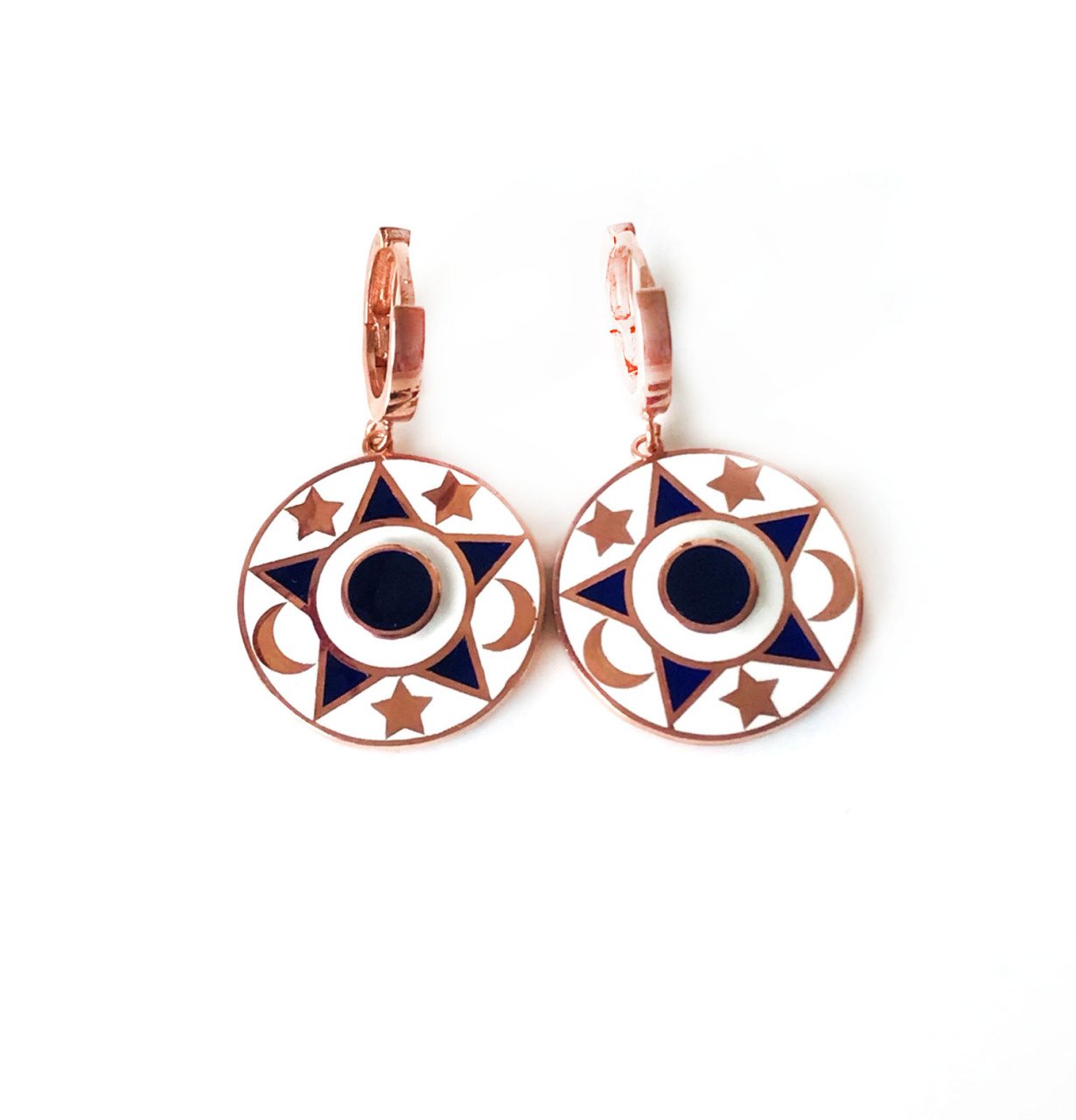 Yıldız ve Hilal Motifli Beyaz Mineli Rose Gümüş Küpe